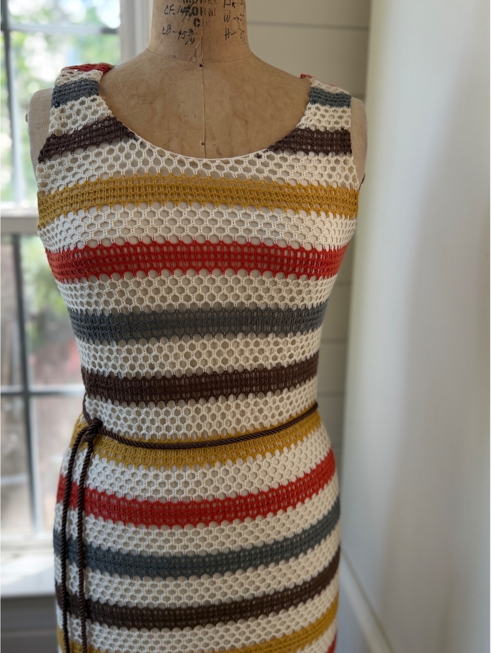 Tacera Striped Crochet Earthy Cottagecore Boho Knit Maxi Dress Small